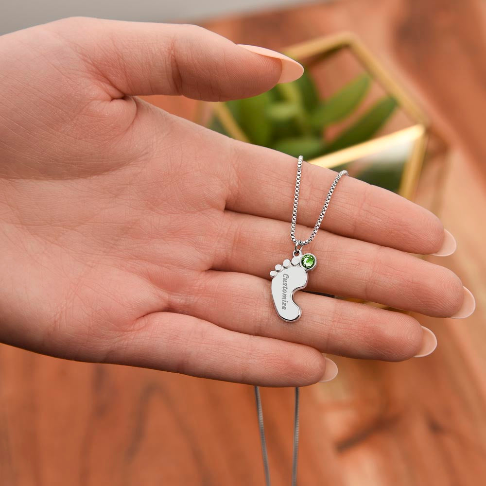 Engraved Baby Feet Necklace with Birthstone - I Love You Grandma