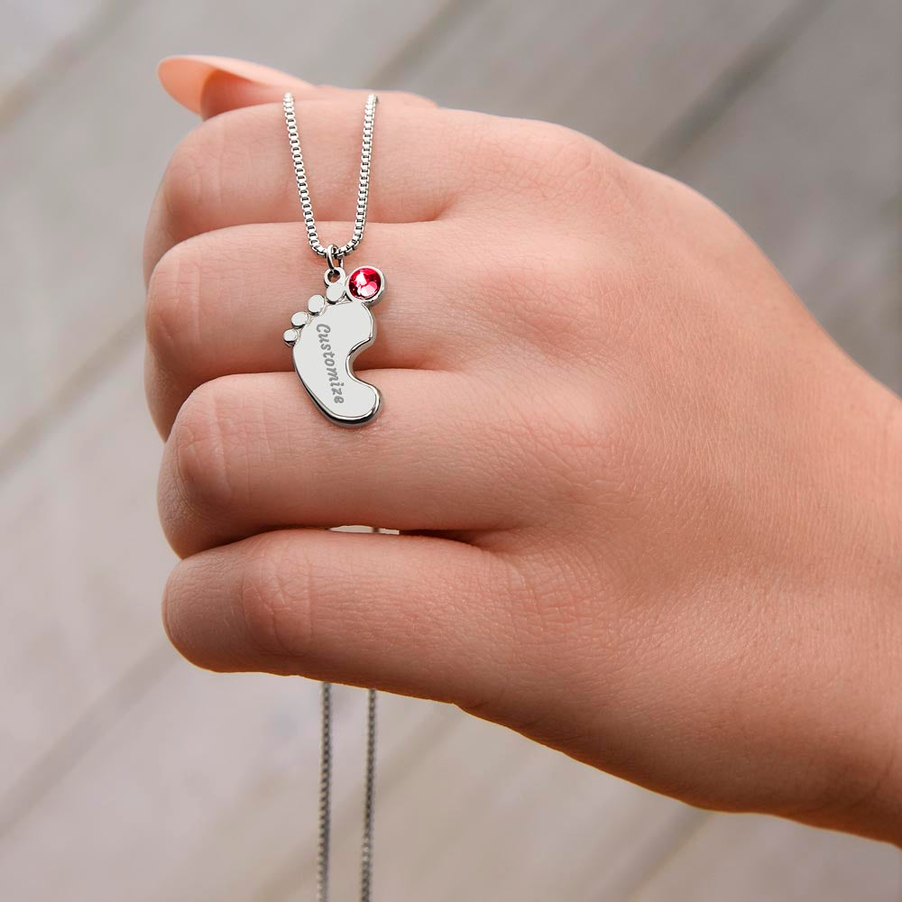 Engraved Baby Feet Necklace with Birthstone - Mom To Be