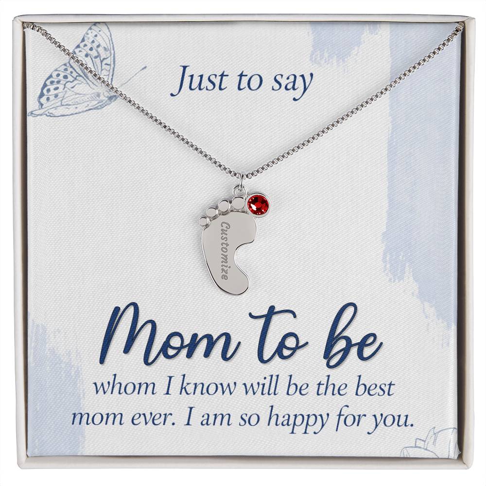 Engraved Baby Feet Necklace with Birthstone - Mom To Be