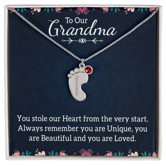 Engraved Baby Feet Necklace with Birthstone -To Our Grandma