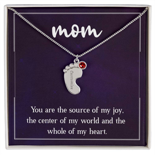 Engraved Baby Feet Necklace with Birthstone - Mom, You Are The Source Of My Joy