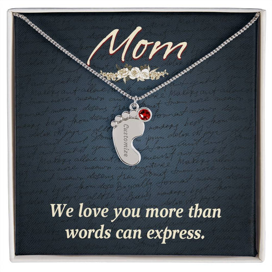 Engraved Baby Feet Necklace with Birthstone - Mom, We Love You