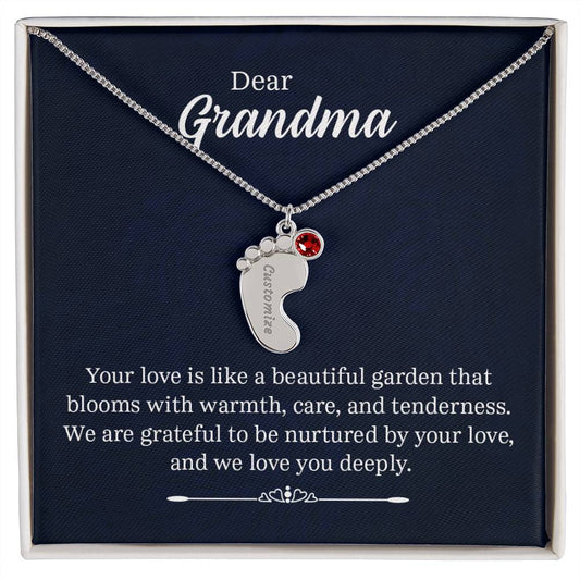 Engraved Baby Feet Necklace with Birthstone - Dear Grandma