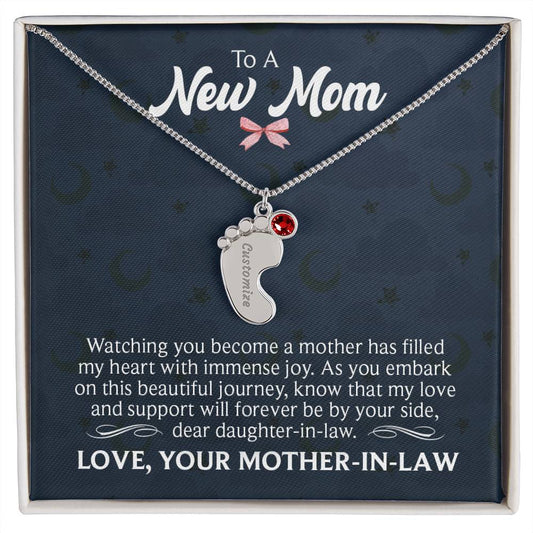 Engraved Baby Feet Necklace with Birthstone - To A New Mom
