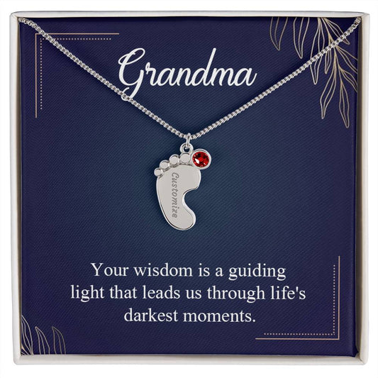 Engraved Baby Feet Necklace with Birthstone - Grandma, Your Wisdom