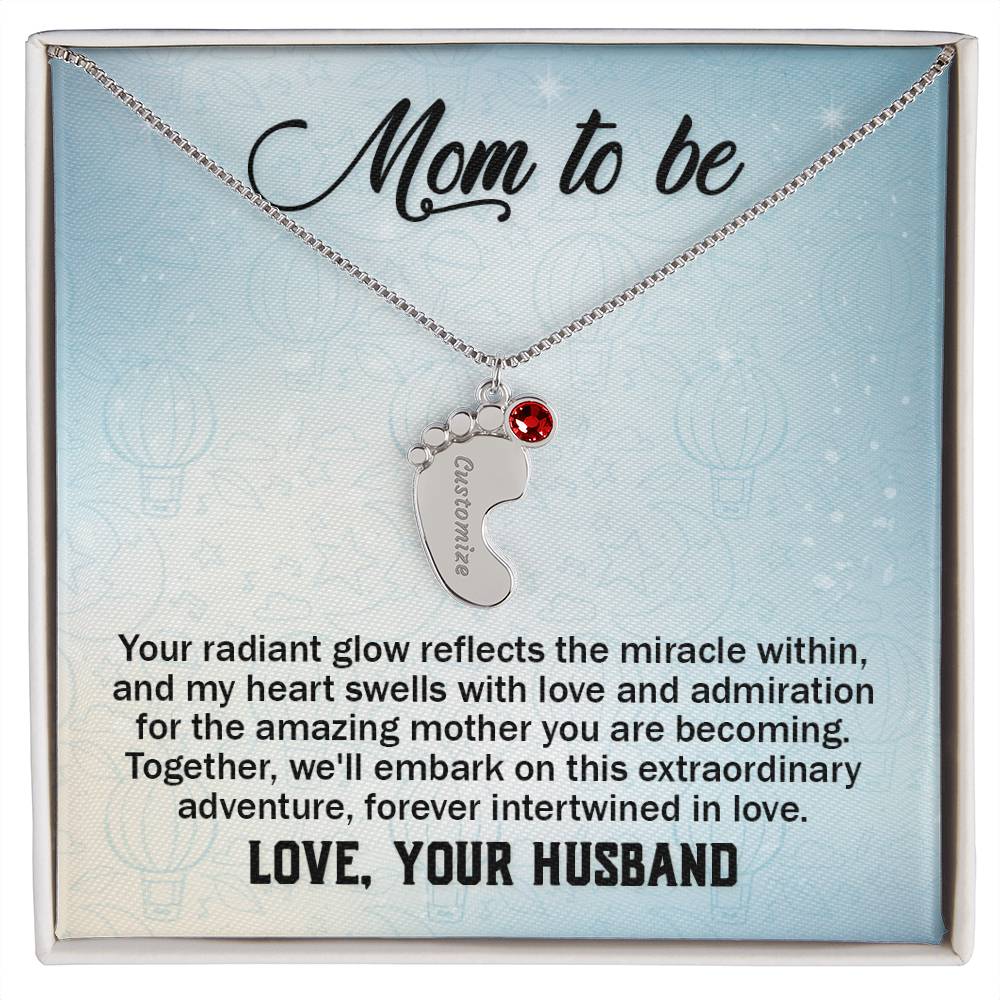 Engraved Baby Feet Necklace with Birthstone - Mom To Be