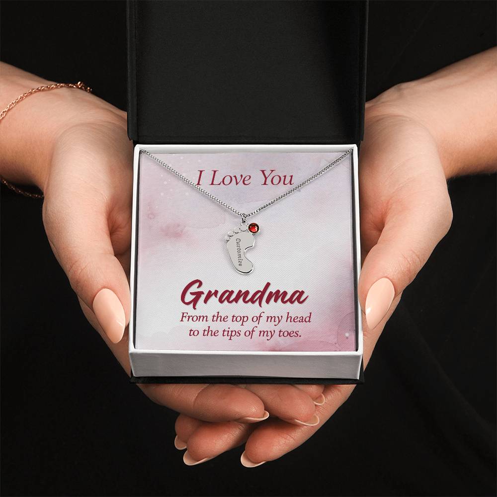 Engraved Baby Feet Necklace with Birthstone - I Love You Grandma