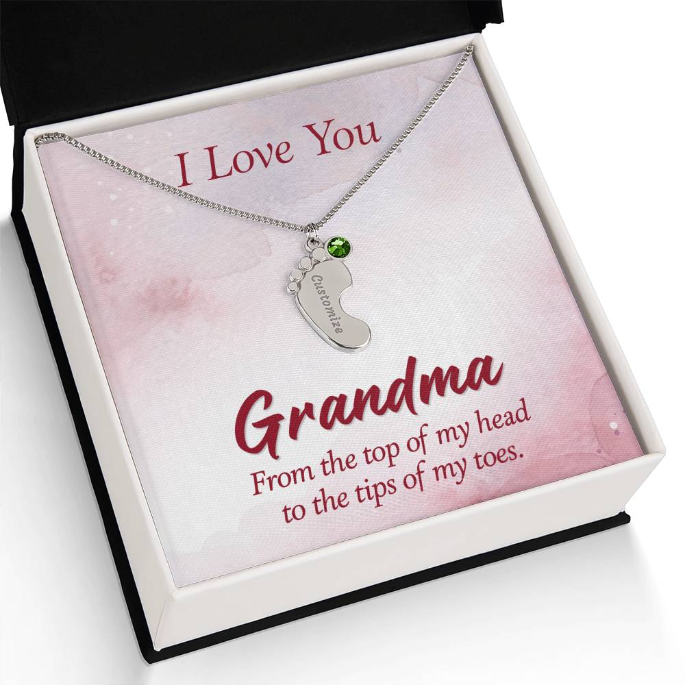 Engraved Baby Feet Necklace with Birthstone - I Love You Grandma