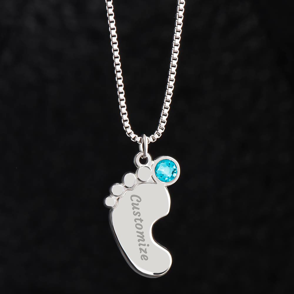 Engraved Baby Feet Necklace with Birthstone - Mom To Be