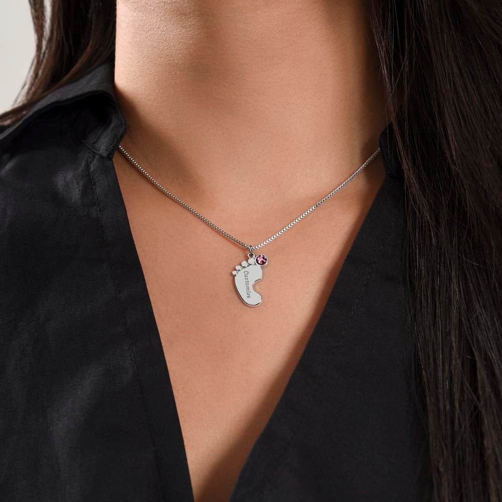 Engraved Baby Feet Necklace with Birthstone - Mom To Be