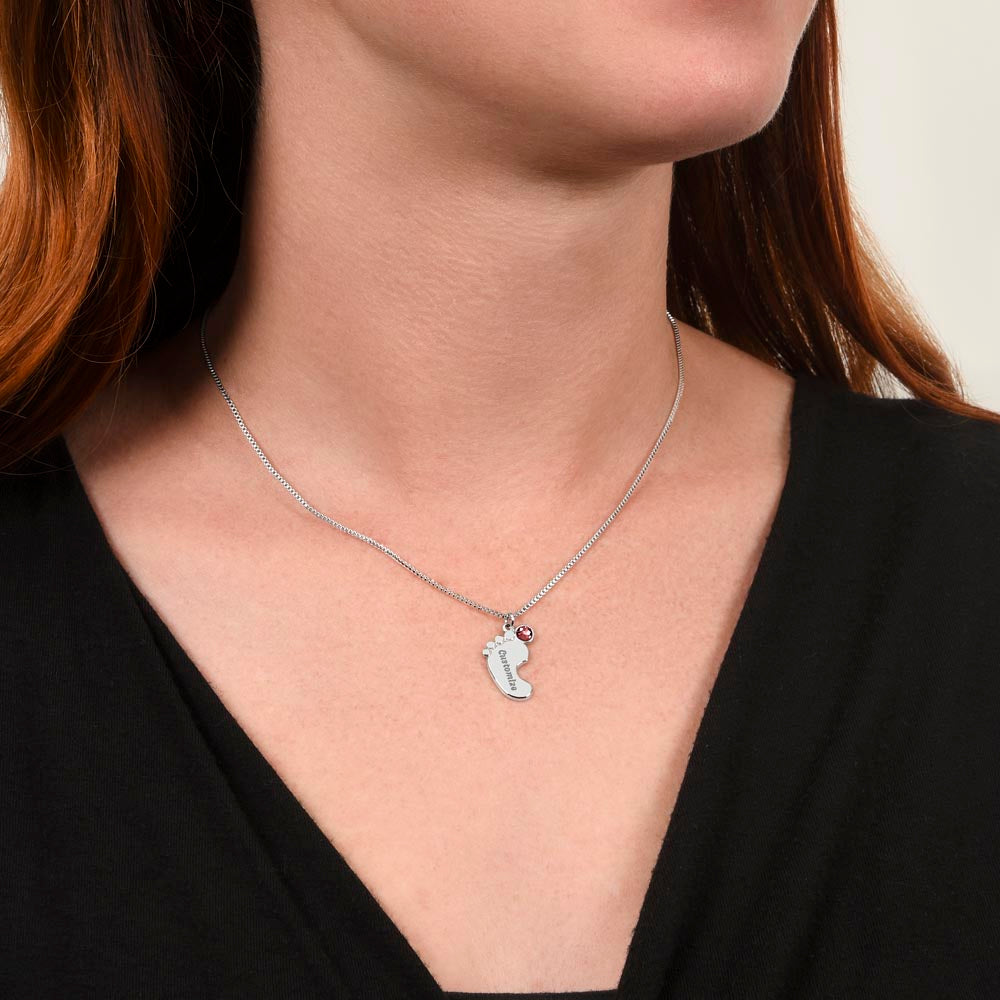 Engraved Baby Feet Necklace with Birthstone - Mom To Be