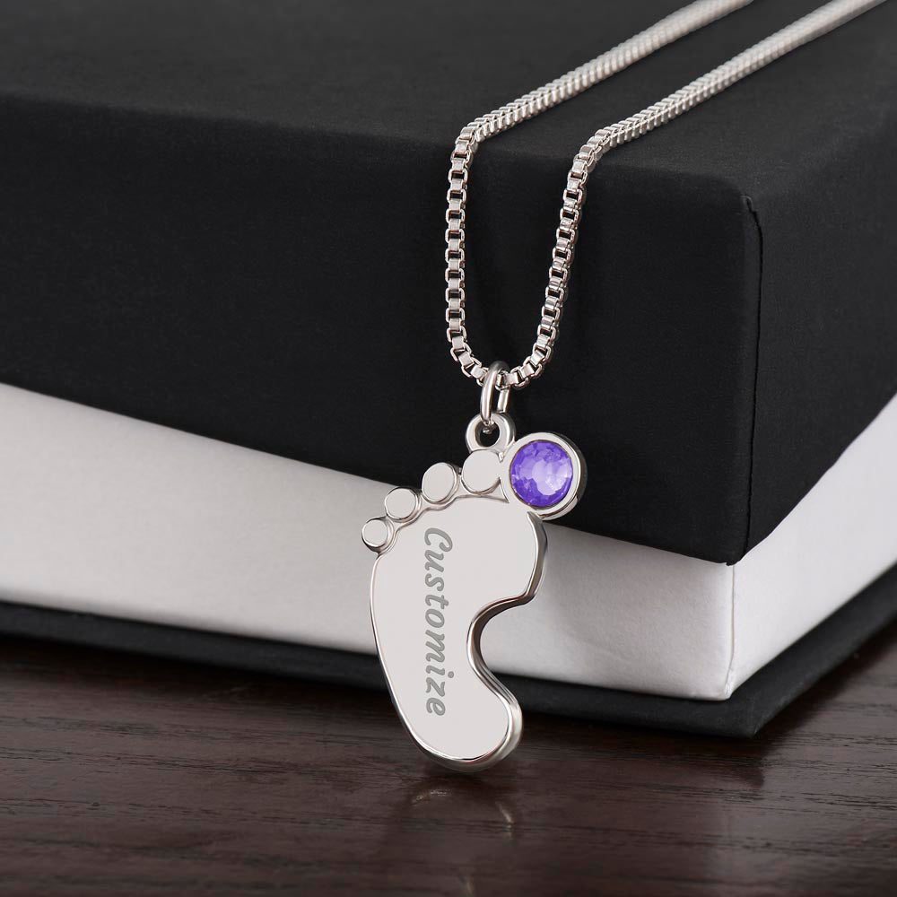 Engraved Baby Feet Necklace with Birthstone - Mom To Be