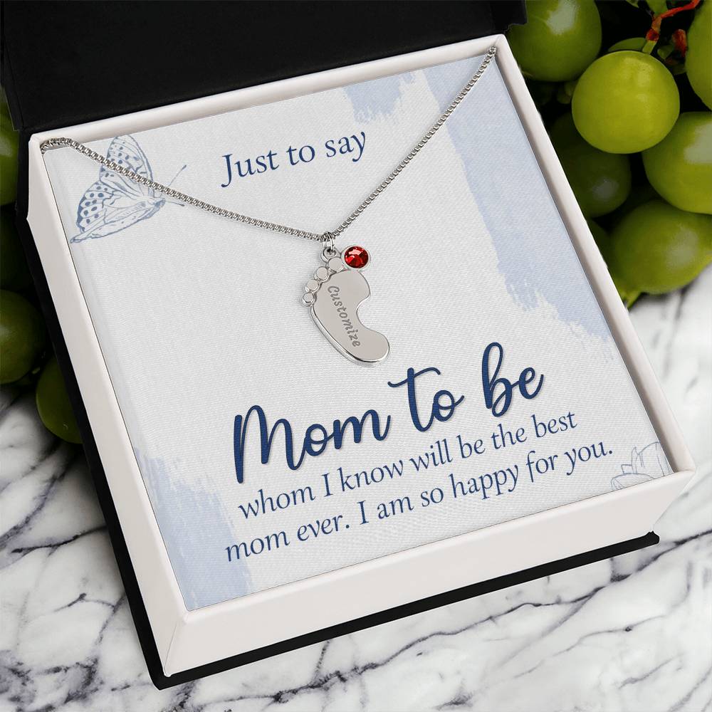 Engraved Baby Feet Necklace with Birthstone - Mom To Be