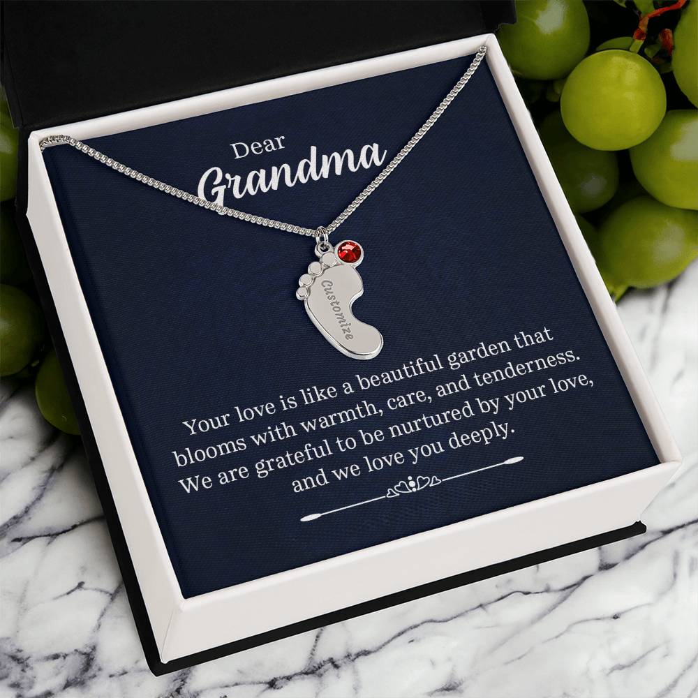 Engraved Baby Feet Necklace with Birthstone - Dear Grandma