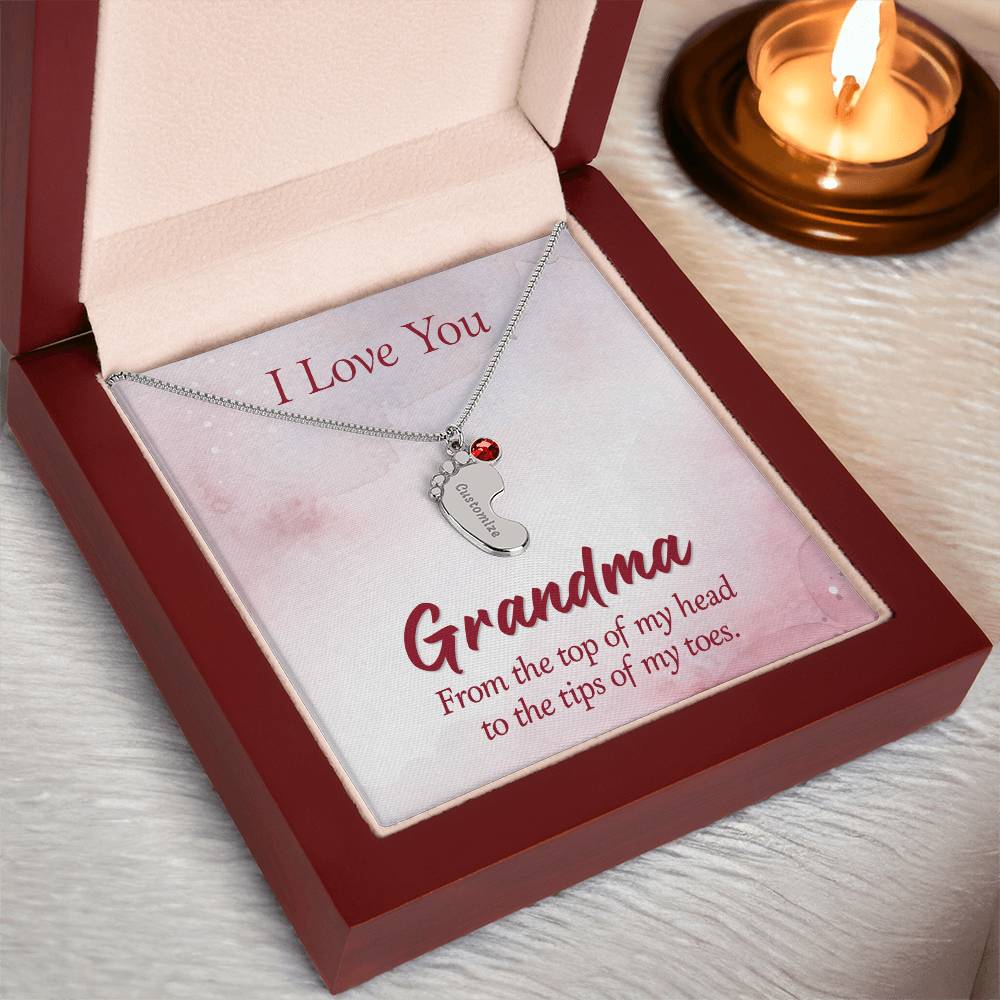 Engraved Baby Feet Necklace with Birthstone - I Love You Grandma