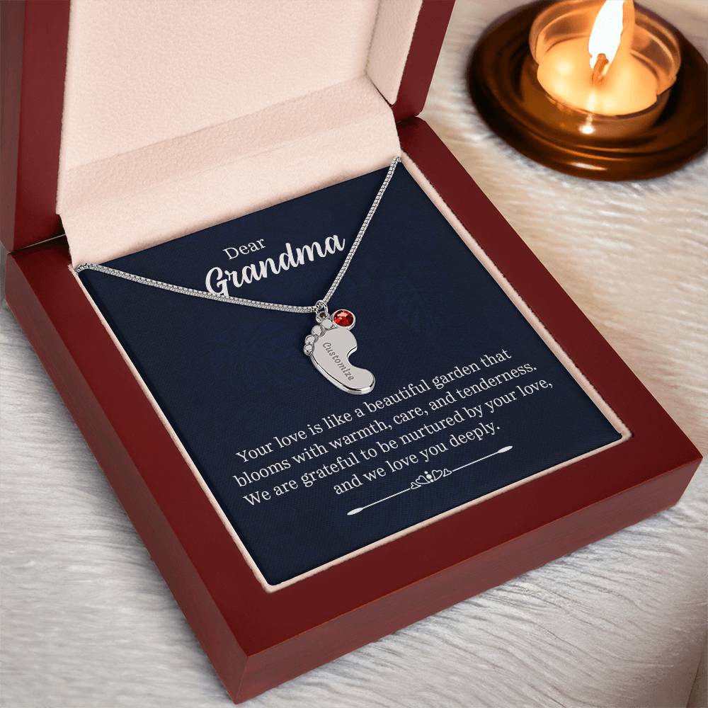 Engraved Baby Feet Necklace with Birthstone - Dear Grandma