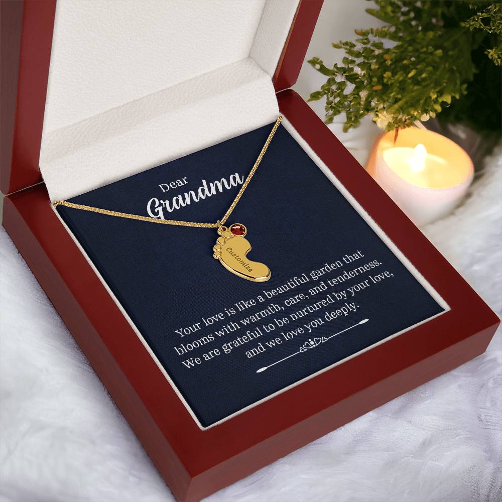 Engraved Baby Feet Necklace with Birthstone - Dear Grandma