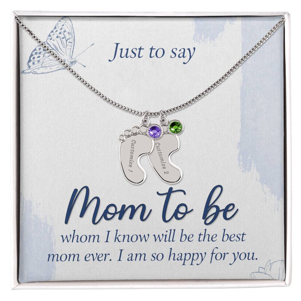 Engraved Baby Feet Necklace with Birthstone - Mom To Be