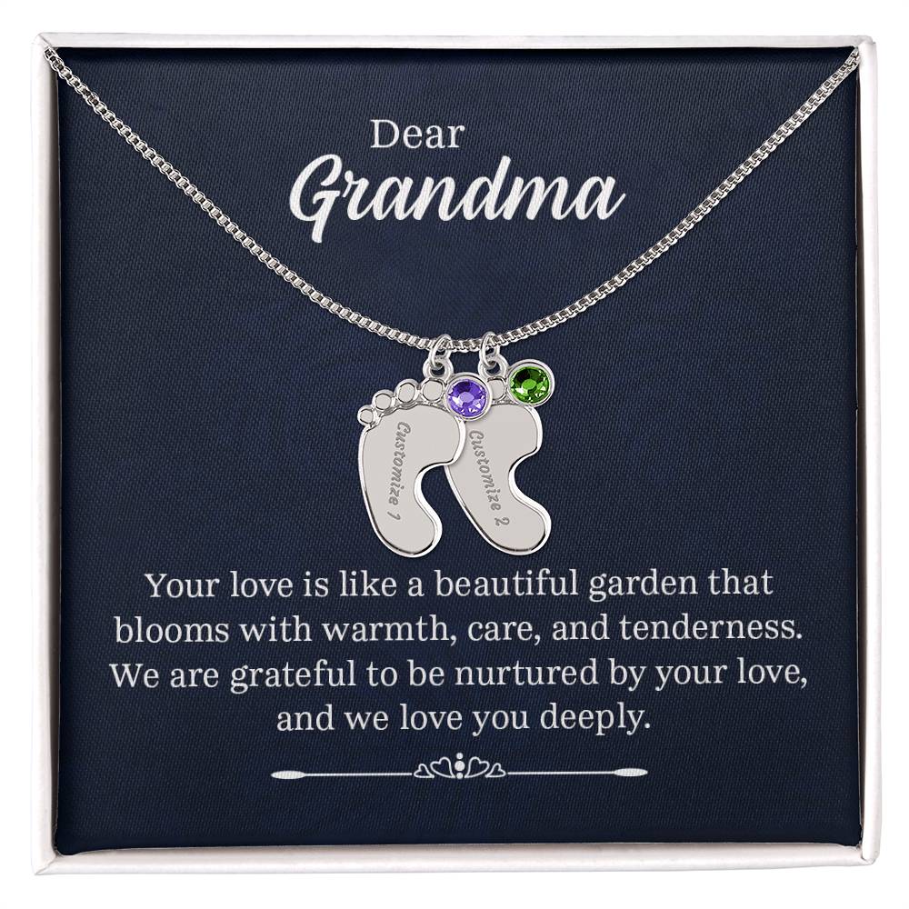 Engraved Baby Feet Necklace with Birthstone - Dear Grandma