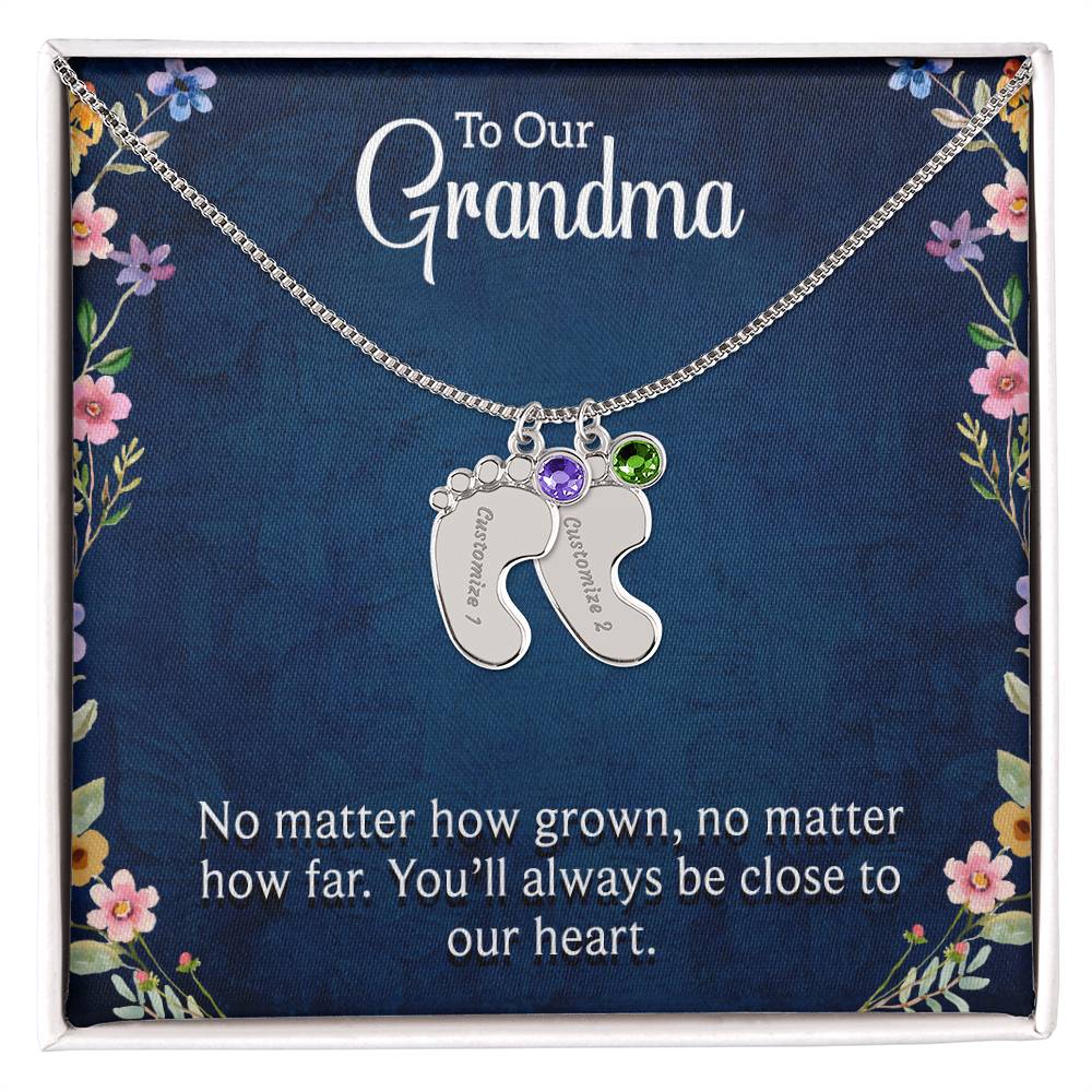 Engraved Baby Feet Necklace with Birthstone - To Our Grandma