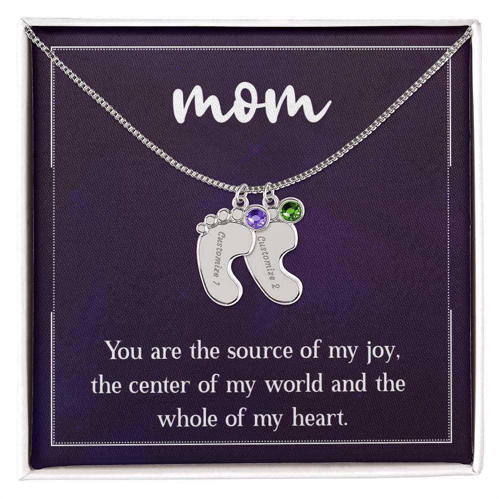 Engraved Baby Feet Necklace with Birthstone - Mom, You Are The Source Of My Joy