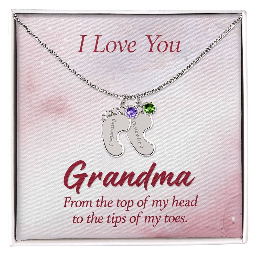 Engraved Baby Feet Necklace with Birthstone - I Love You Grandma