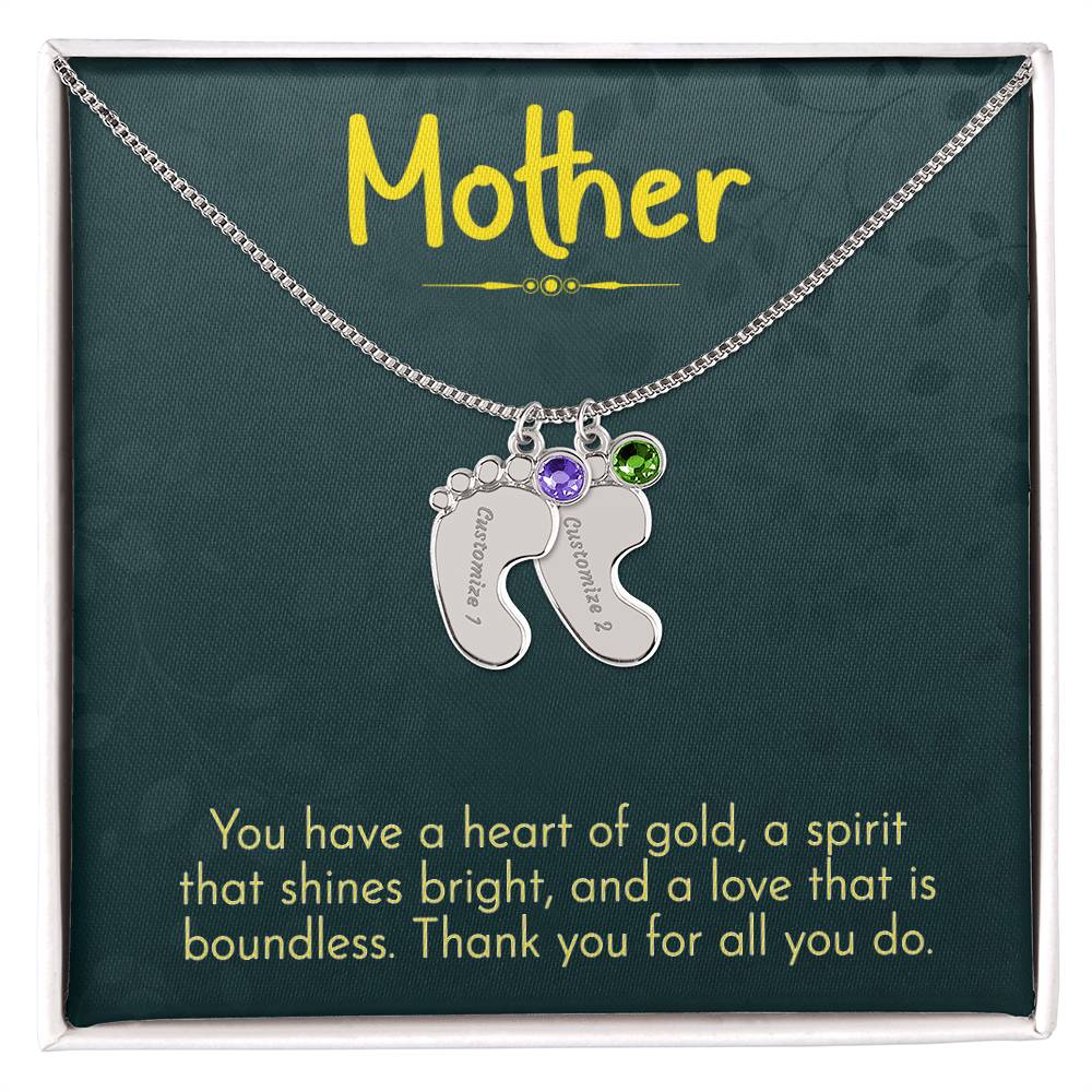 Engraved Baby Feet Necklace with Birthstone - Mom, Thank You for All You Do