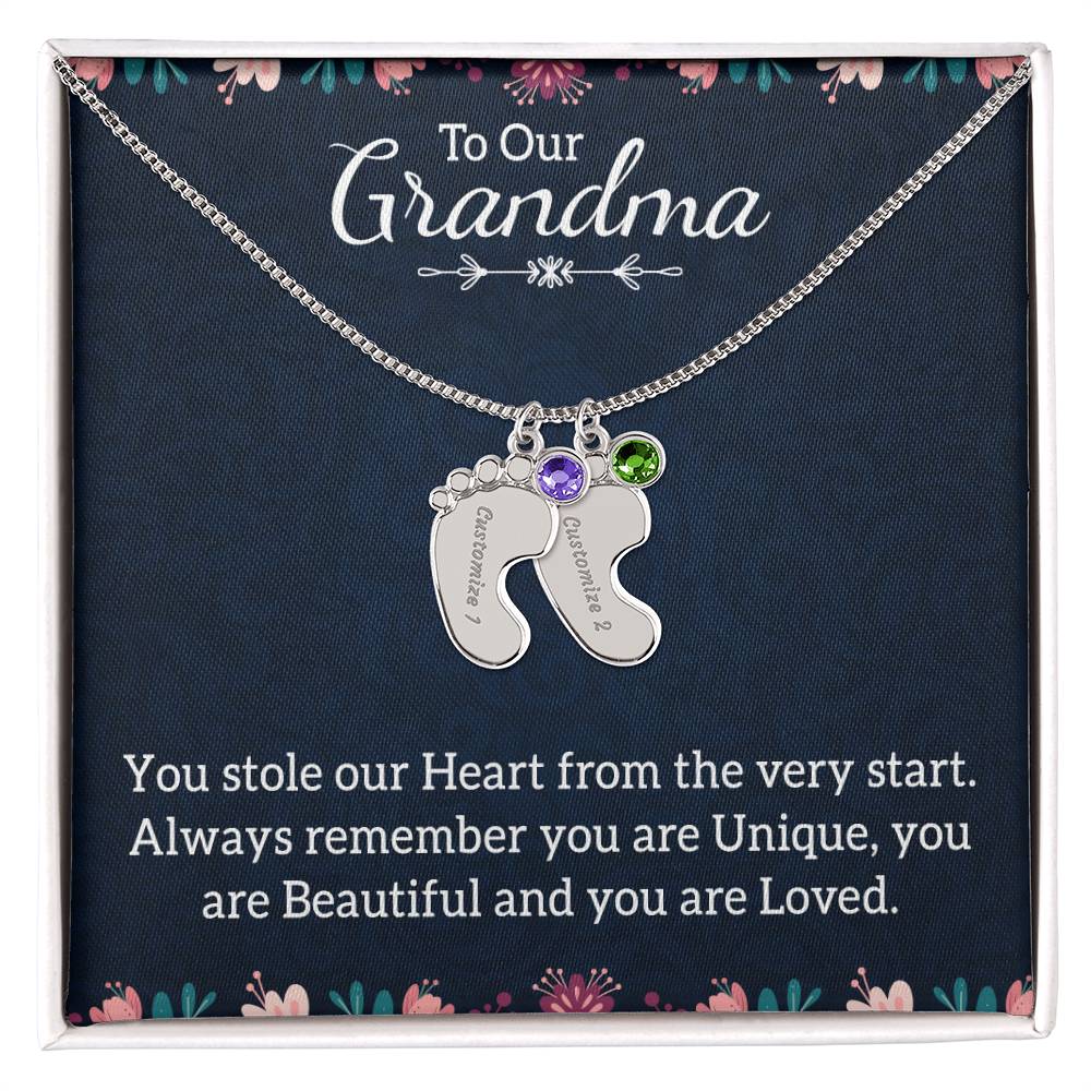 Engraved Baby Feet Necklace with Birthstone -To Our Grandma