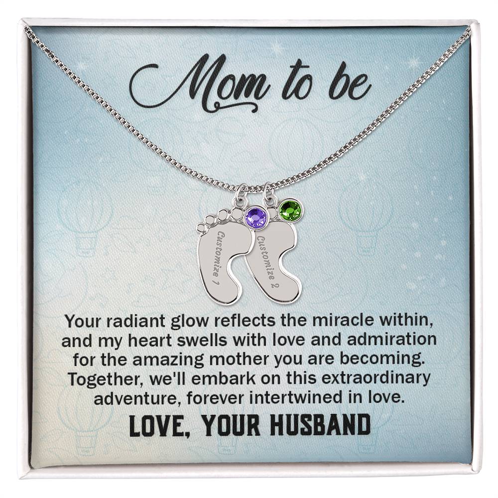 Engraved Baby Feet Necklace with Birthstone - Mom To Be