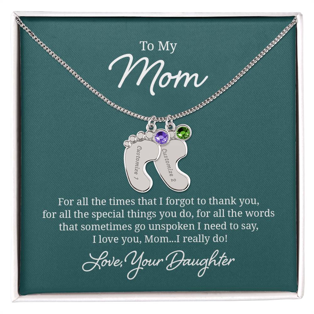 Engraved Baby Feet Necklace with Birthstone - I Love You Mom