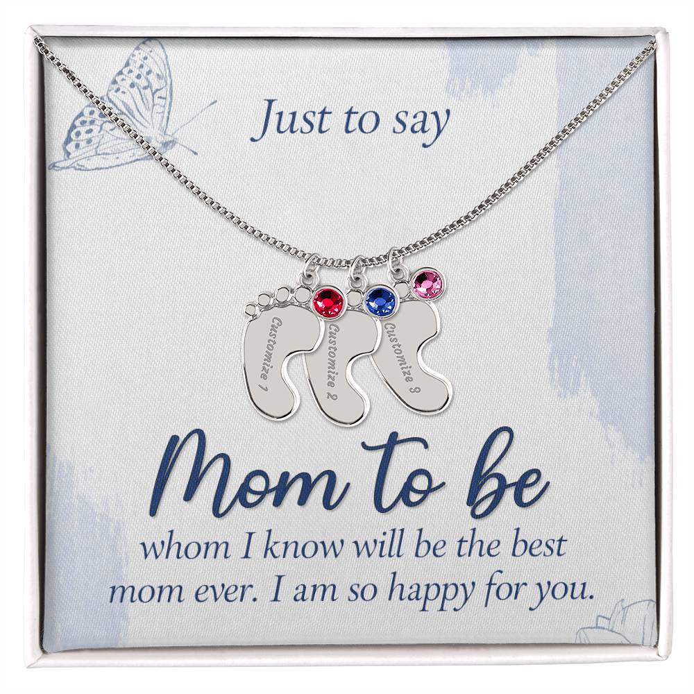 Engraved Baby Feet Necklace with Birthstone - Mom To Be