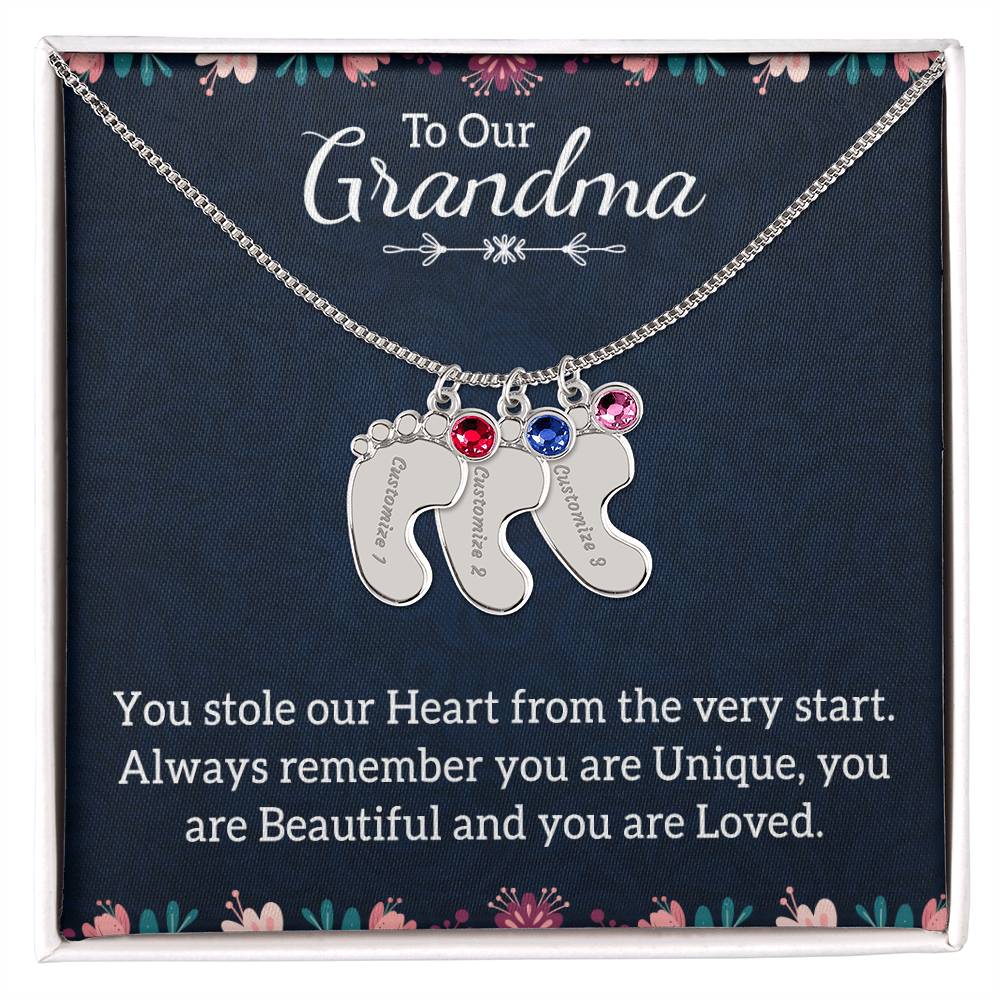 Engraved Baby Feet Necklace with Birthstone -To Our Grandma