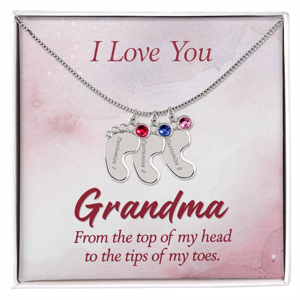 Engraved Baby Feet Necklace with Birthstone - I Love You Grandma