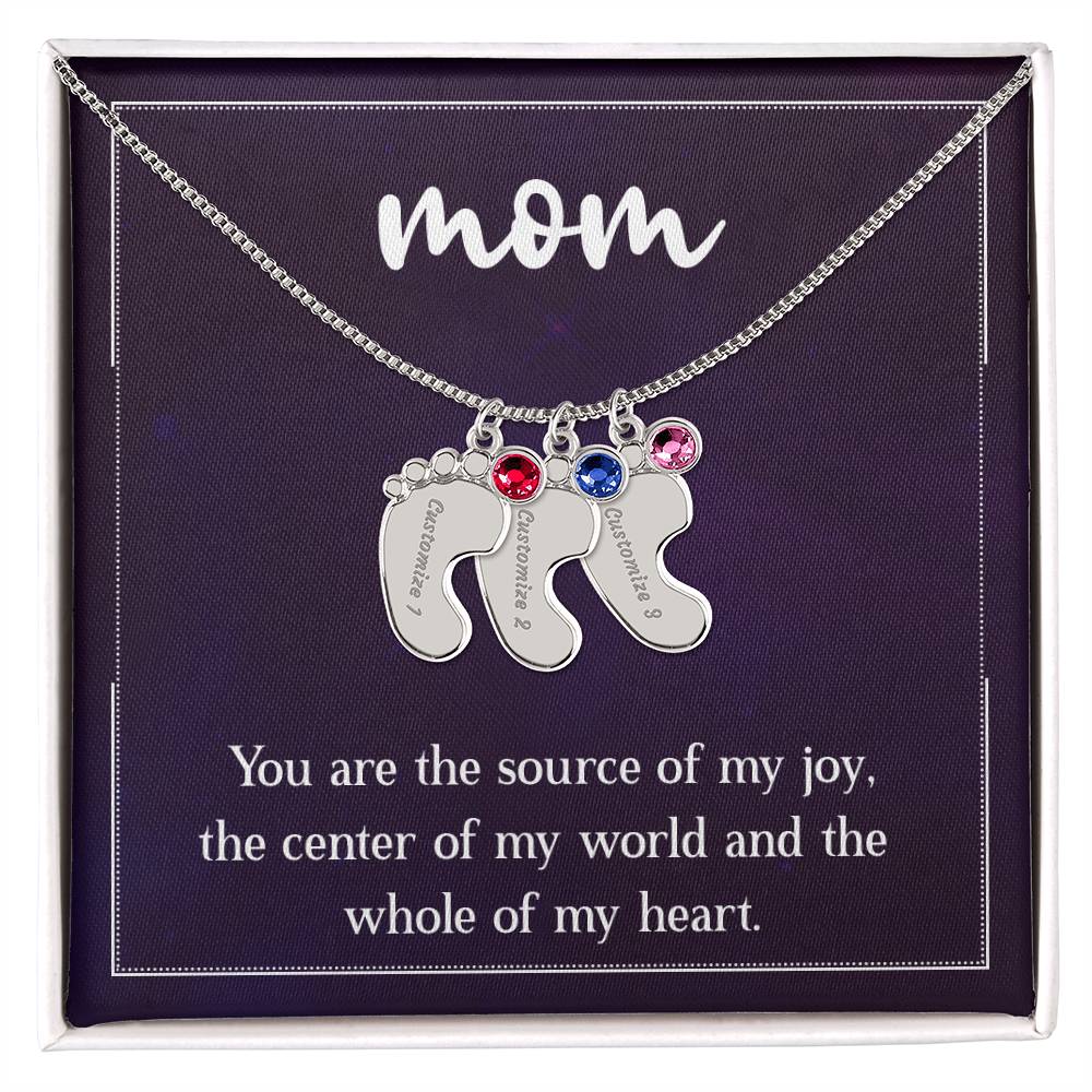 Engraved Baby Feet Necklace with Birthstone - Mom, You Are The Source Of My Joy