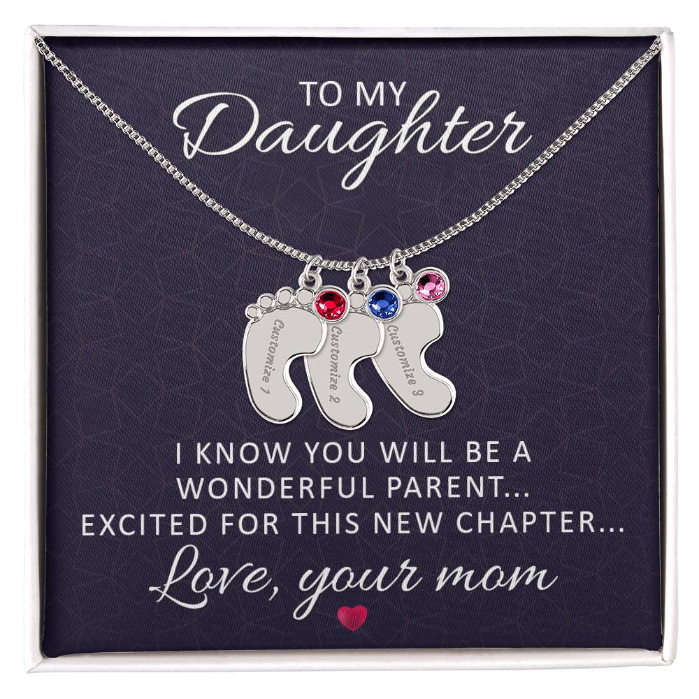 Engraved Baby Feet Necklace with Birthstone - I Know You Will Be A Wonderful Parent