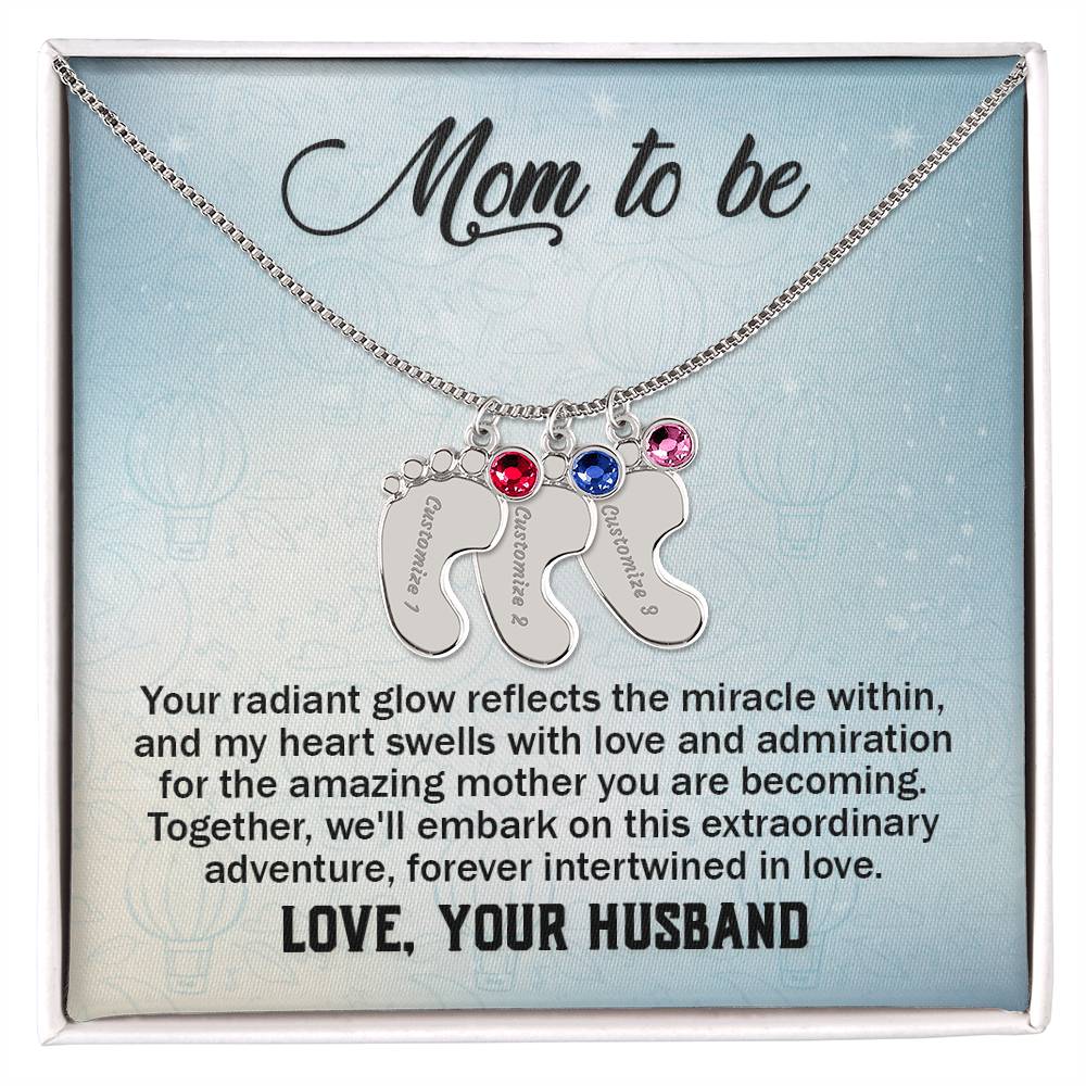 Engraved Baby Feet Necklace with Birthstone - Mom To Be