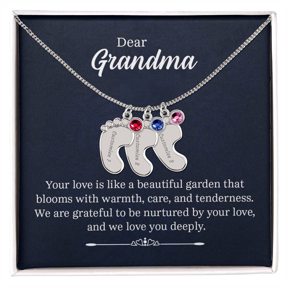 Engraved Baby Feet Necklace with Birthstone - Dear Grandma