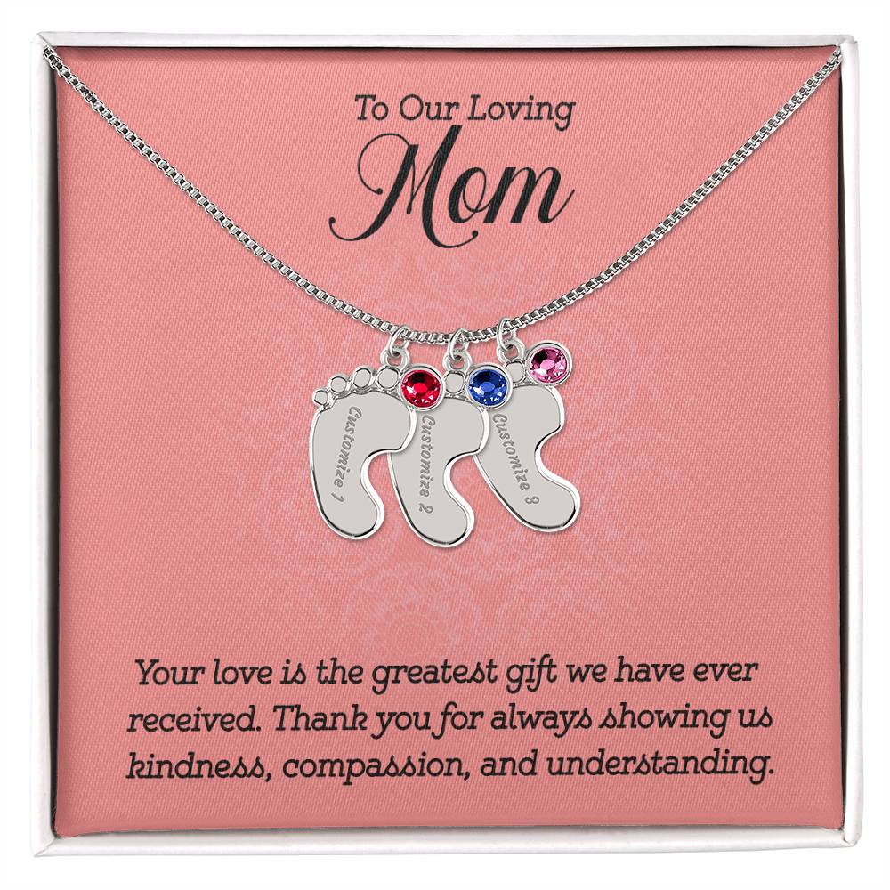 Engraved Baby Feet Necklace with Birthstone -To Our Loving Mom