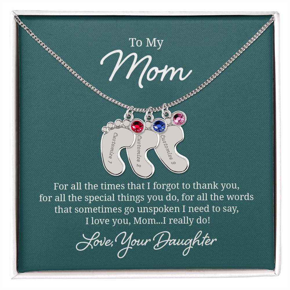Engraved Baby Feet Necklace with Birthstone - I Love You Mom
