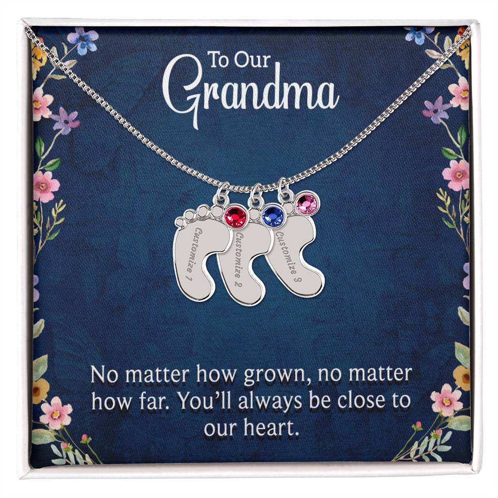 Engraved Baby Feet Necklace with Birthstone - To Our Grandma
