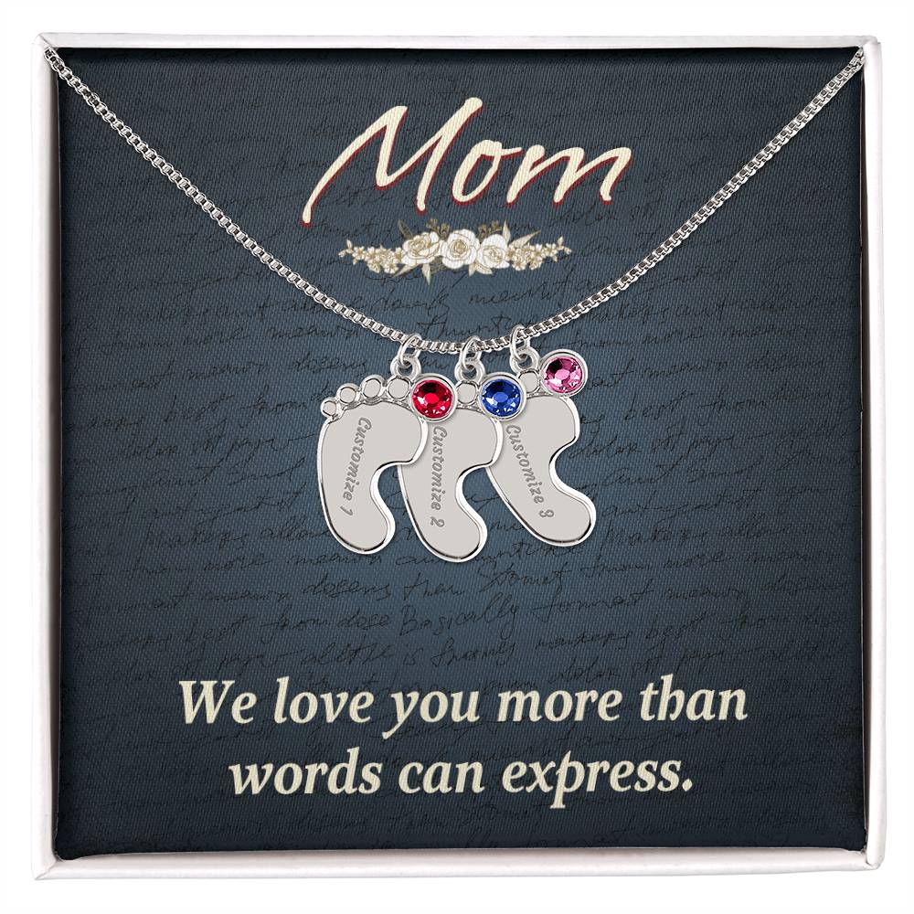 Engraved Baby Feet Necklace with Birthstone - Mom, We Love You