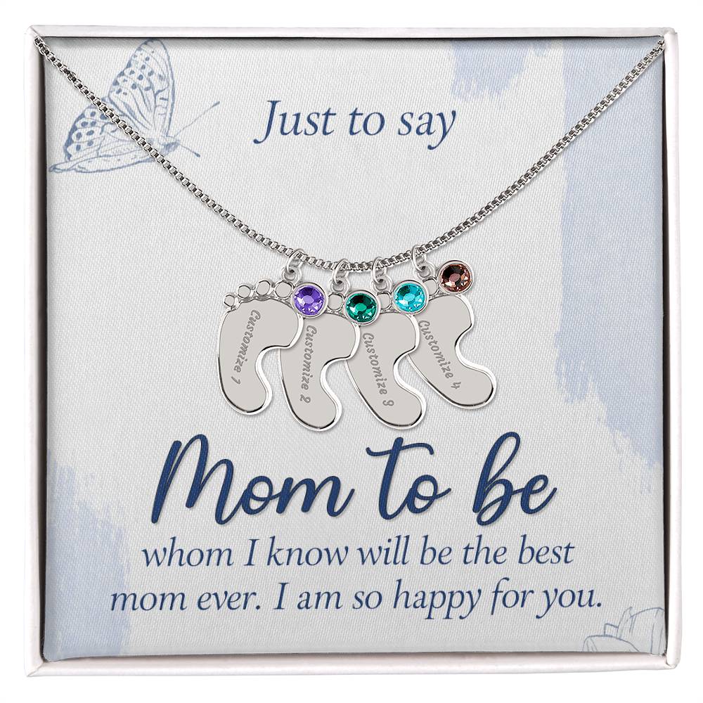 Engraved Baby Feet Necklace with Birthstone - Mom To Be