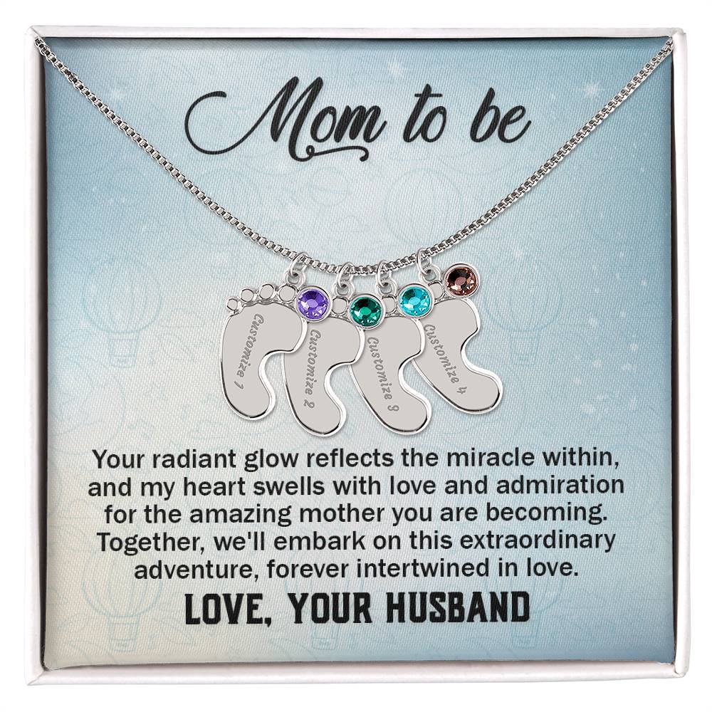 Engraved Baby Feet Necklace with Birthstone - Mom To Be