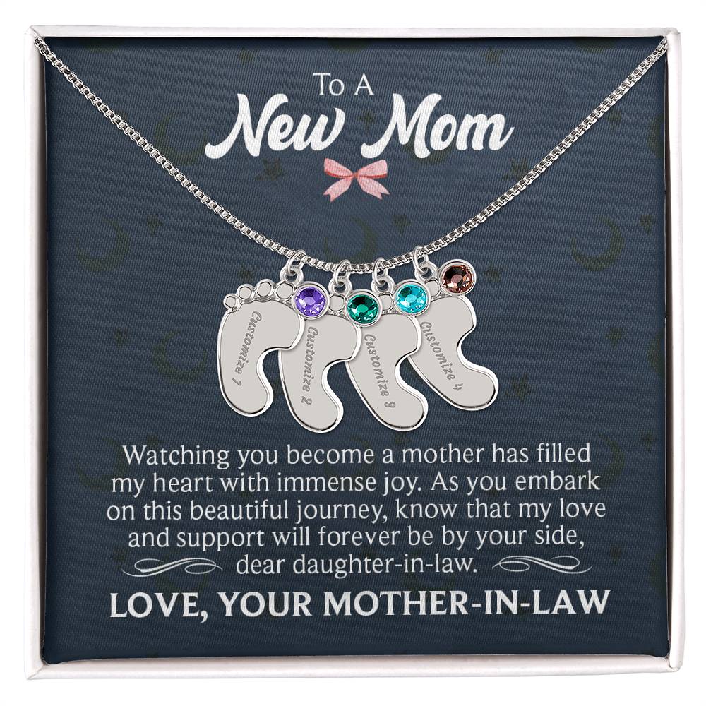 Engraved Baby Feet Necklace with Birthstone - To A New Mom