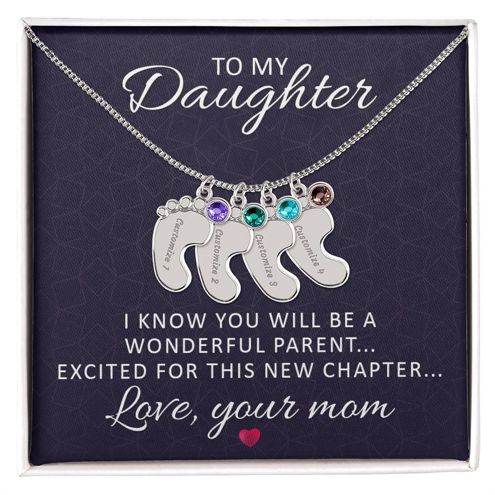 Engraved Baby Feet Necklace with Birthstone - I Know You Will Be A Wonderful Parent