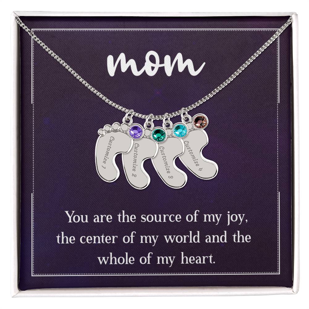 Engraved Baby Feet Necklace with Birthstone - Mom, You Are The Source Of My Joy