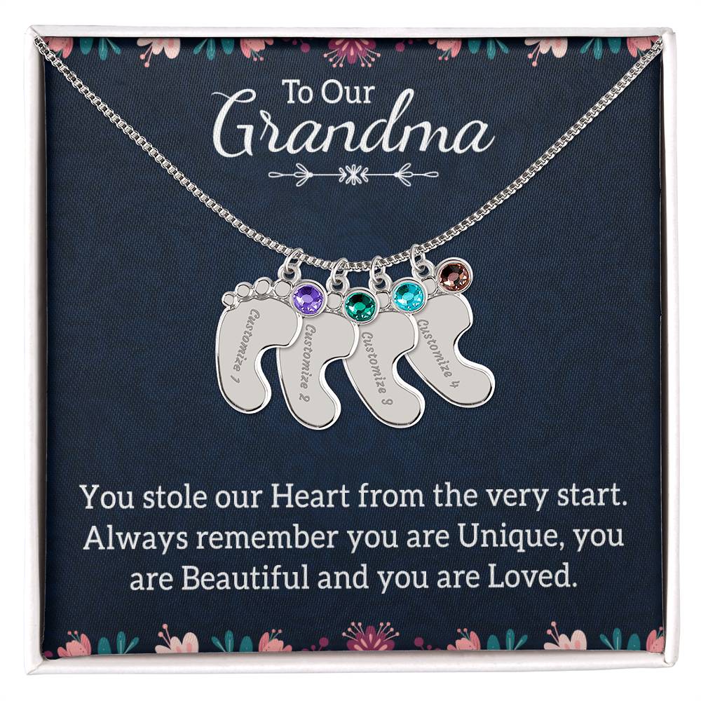 Engraved Baby Feet Necklace with Birthstone -To Our Grandma