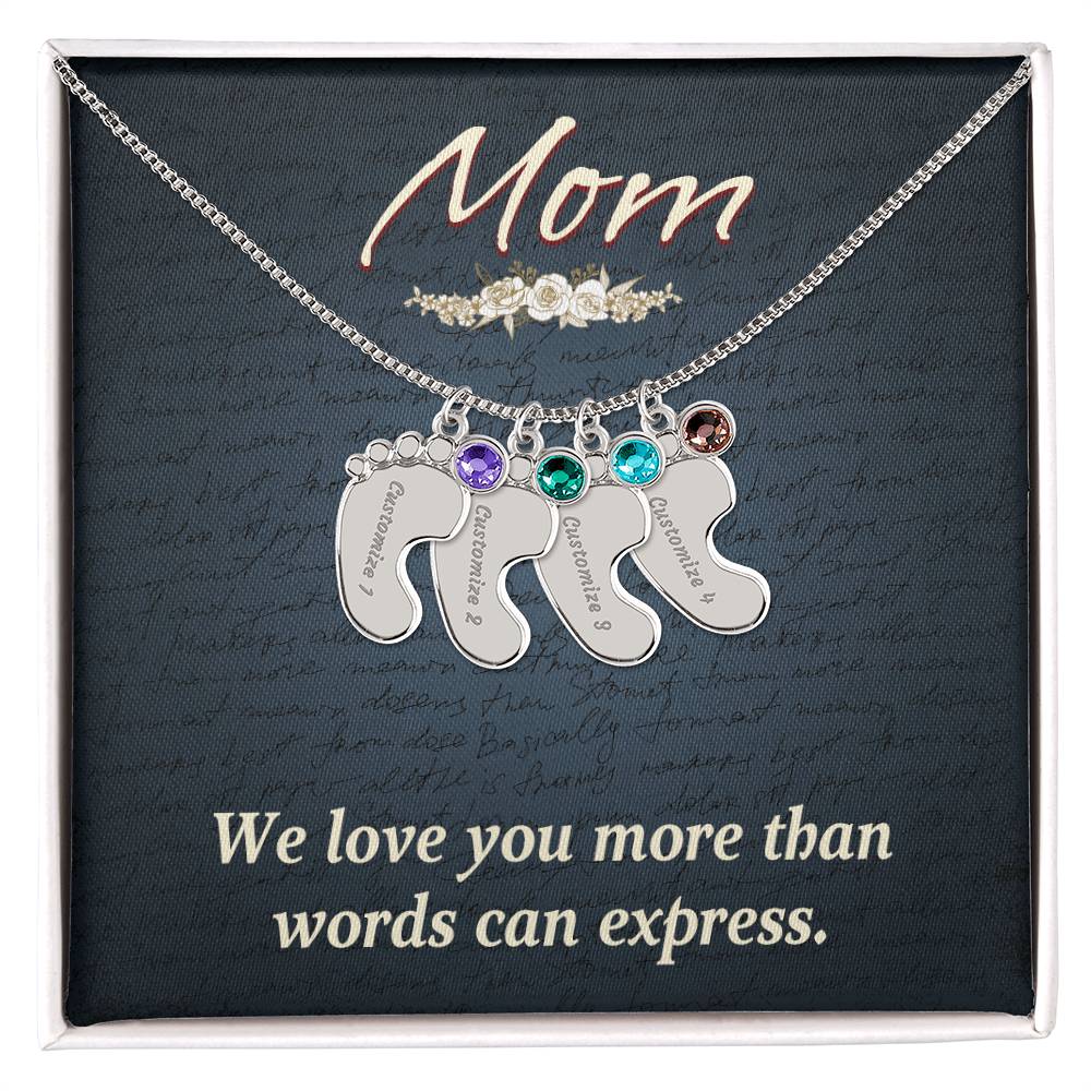 Engraved Baby Feet Necklace with Birthstone - Mom, We Love You