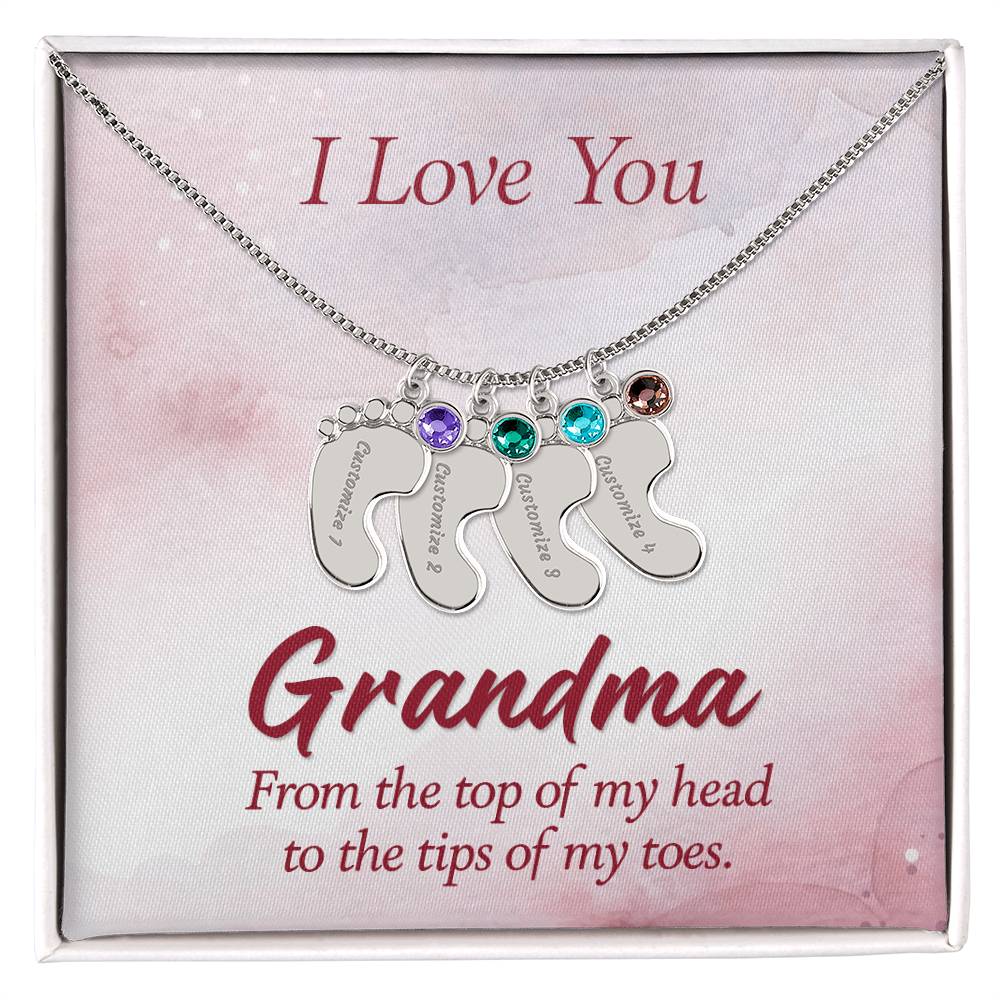 Engraved Baby Feet Necklace with Birthstone - I Love You Grandma