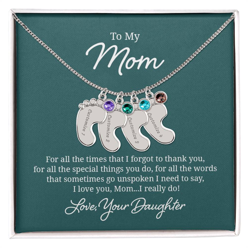 Engraved Baby Feet Necklace with Birthstone - I Love You Mom